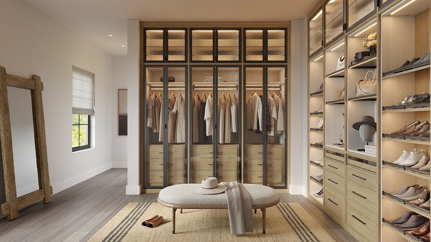 Custom wardrobes LED lighting for shelving and hanging sections by California Closets