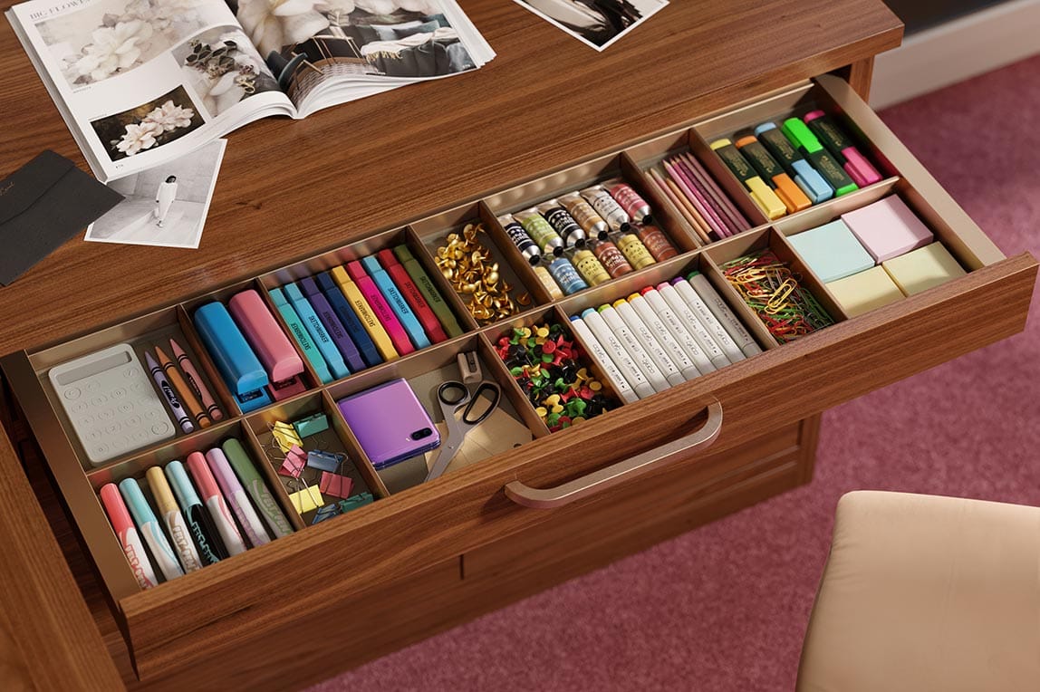 Everstyle drawer designed with compartments for crafting supplies from California Closets