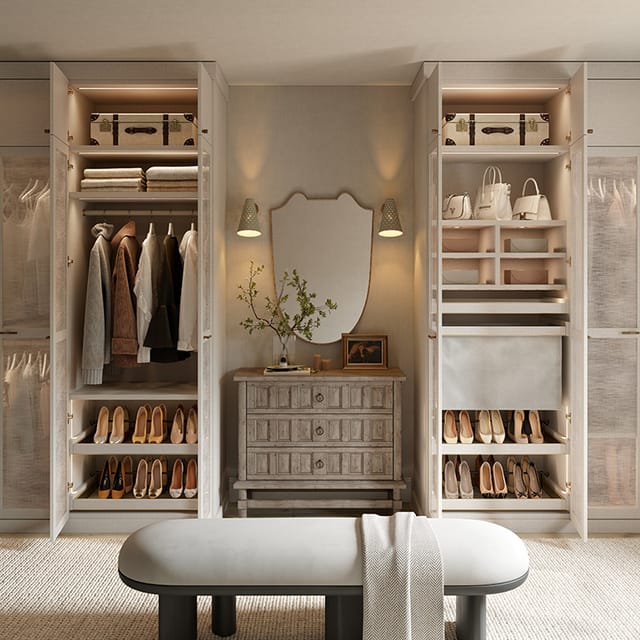 Pantry with custom shelving, labeled baskets, and pull-out drawers designed by California Closets