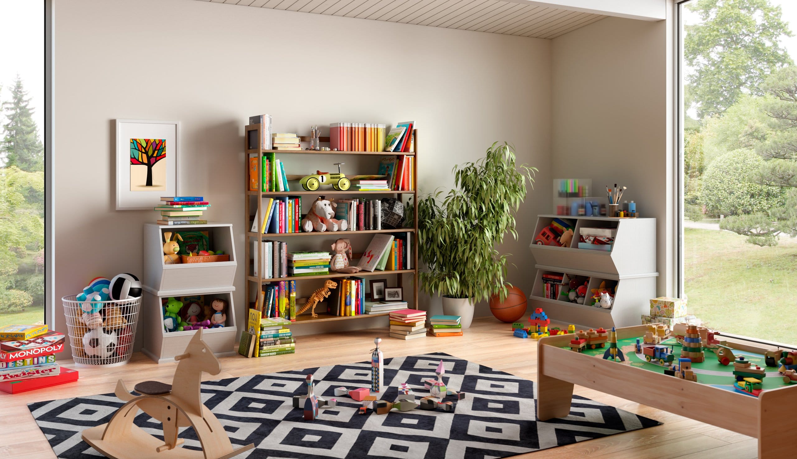 Playroom cluttered with toys, games without cabinet storage or organizers to be built by California Closets