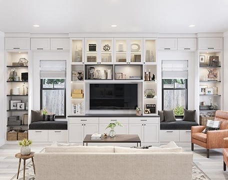 Media wall custom designed for living room with window benches, cabinets and open shelving by California Closets
